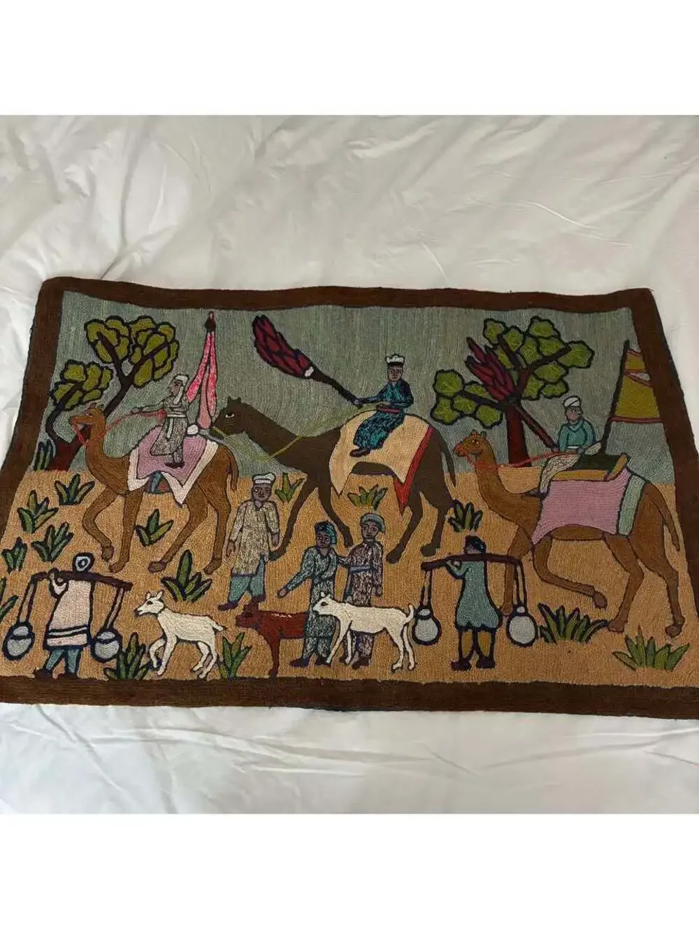 Vintage Kashmiri Chain Stitch Wool Rug Camel Caravan India Pictorial 24x36